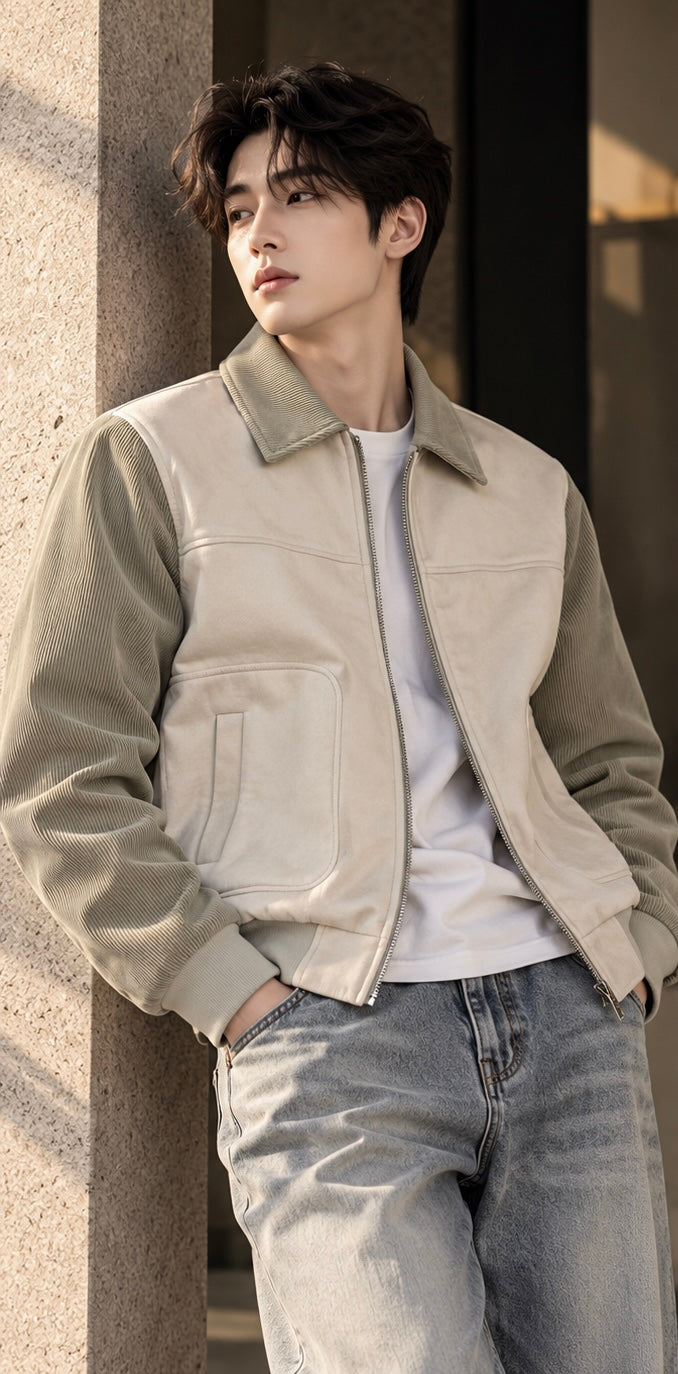 Men's Dual-Texture Suede & Corduroy Utility Bomber Jacket