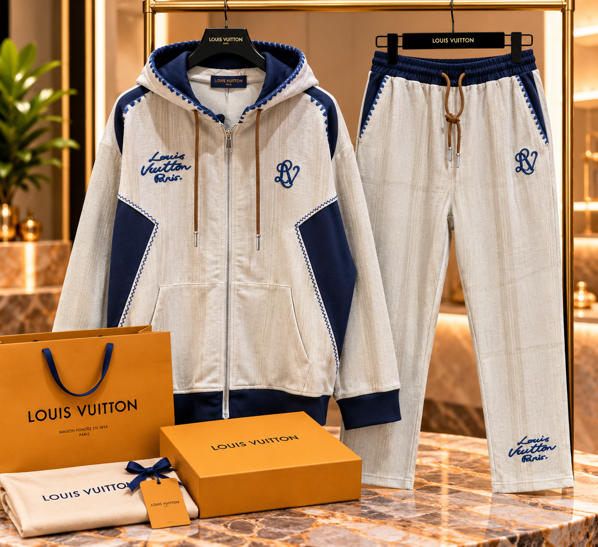 Premium Contrast Panel Embroidered Hooded Co-Ord Set