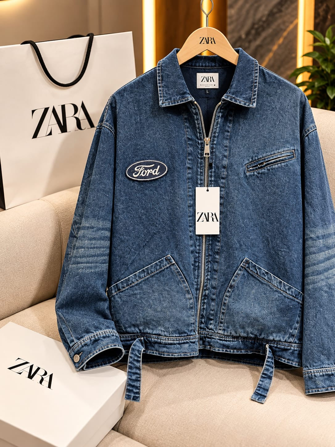 Zip-Front Embroidered Denim Jacket