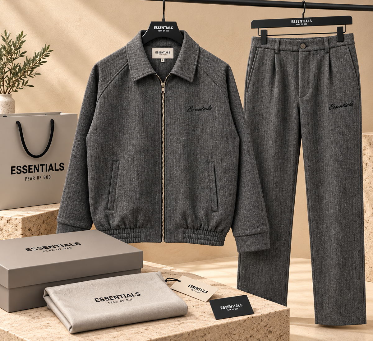 Men’s Textured Zip-Up Jacket & Pleated Trousers Two-Piece Set