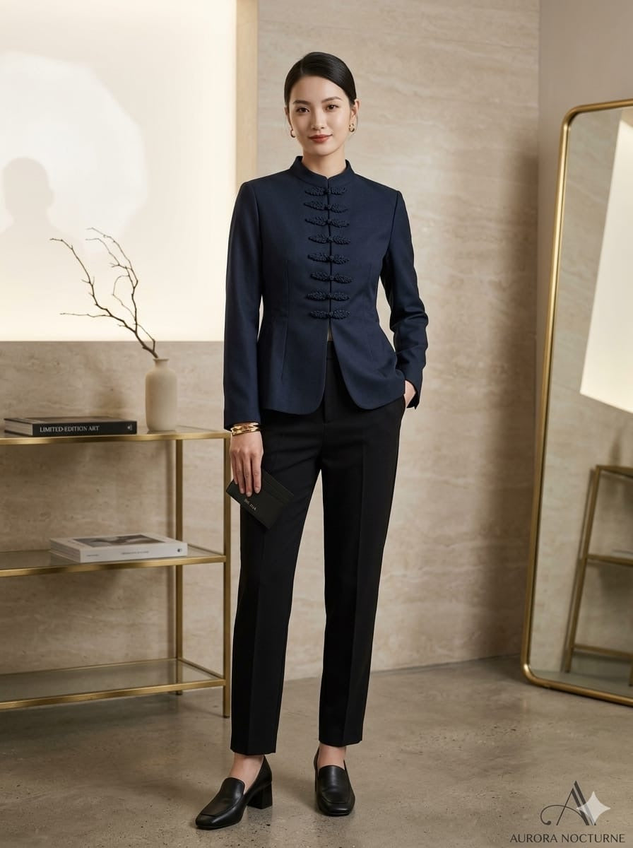 Women's Mandarin Collar Tailored Blazer with Braided Frog Fasteners
