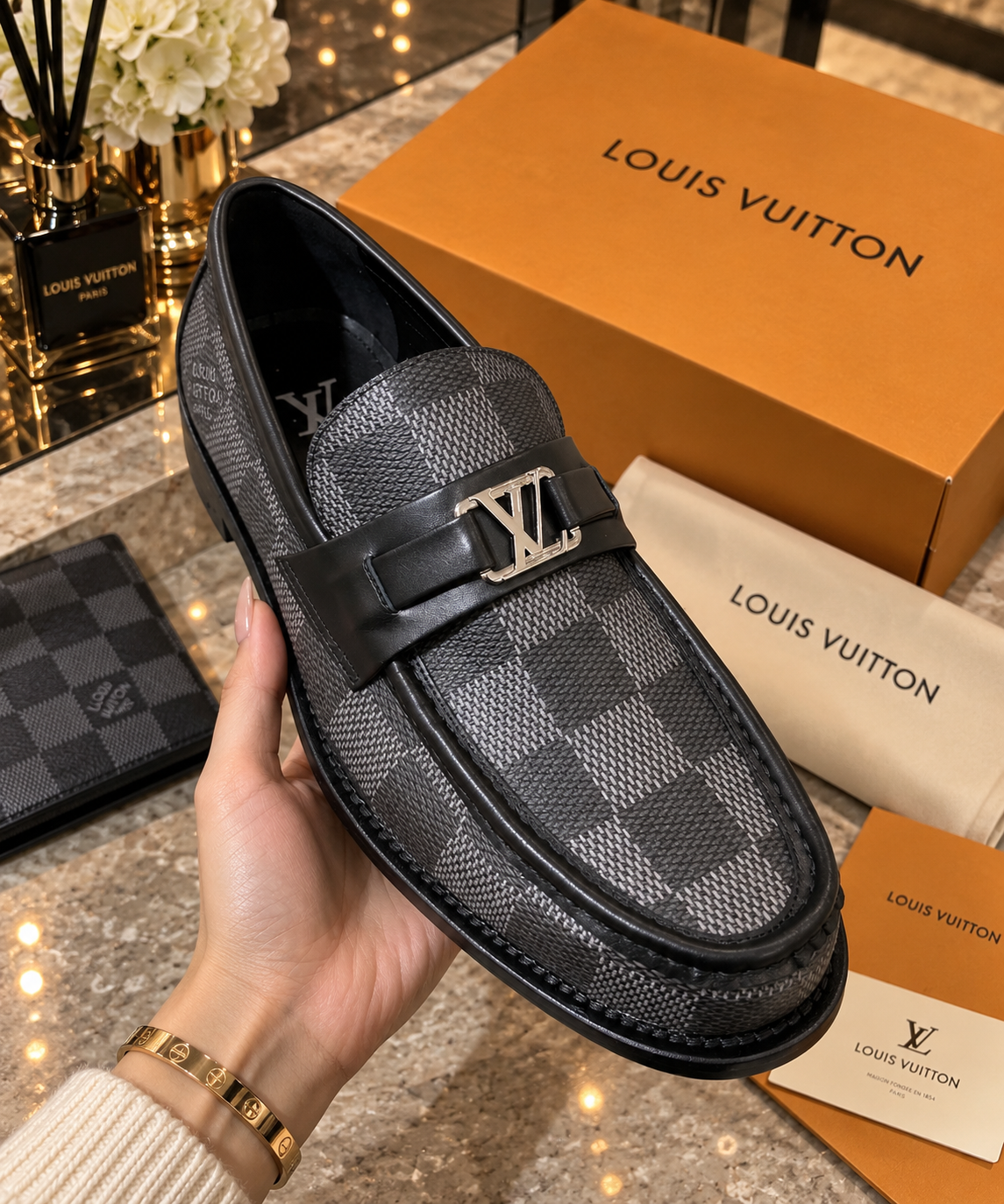Damier Canvas Dress Loafers with Initial Buckle Strap
