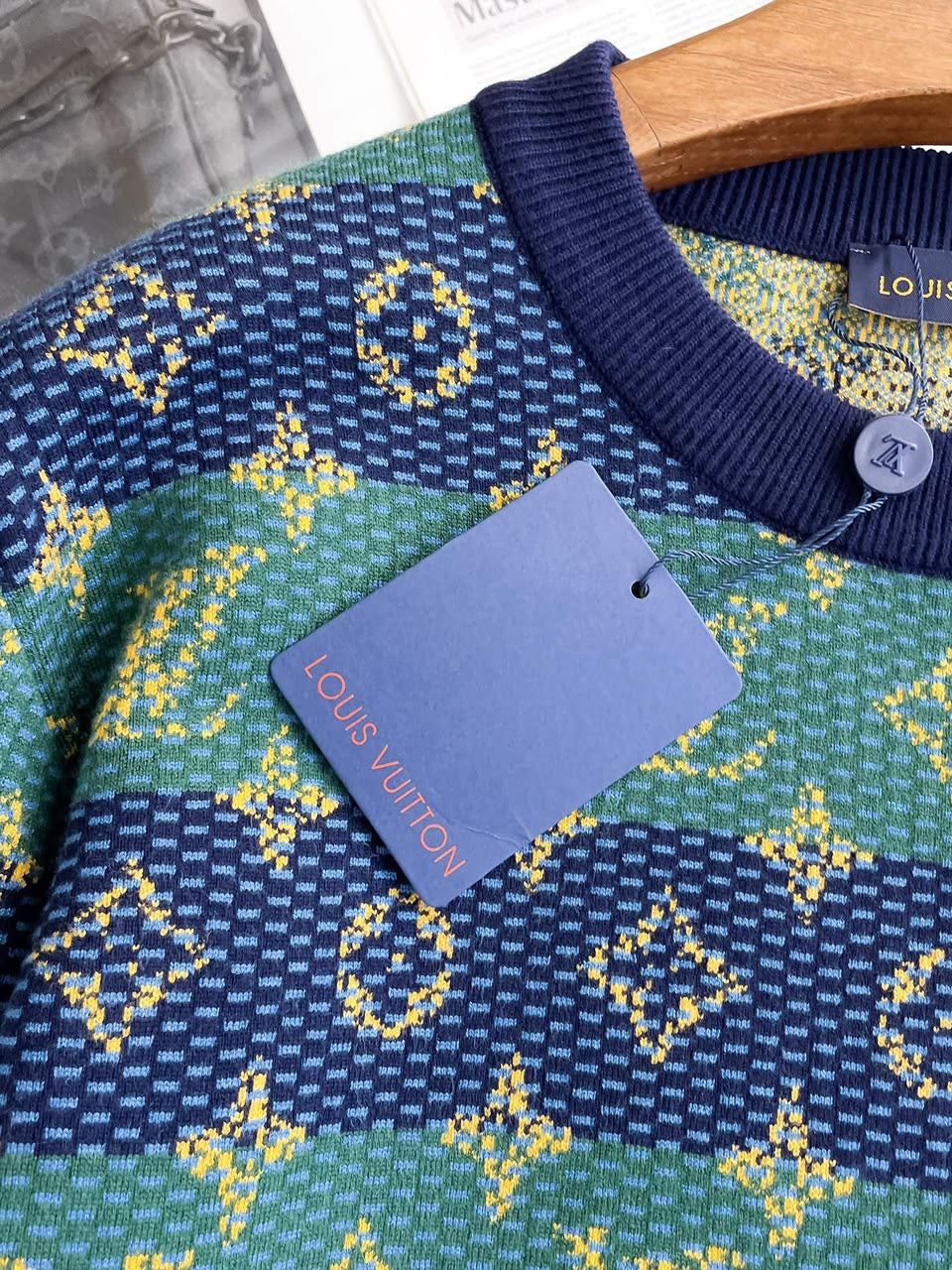 Men’s Striped Monogram Jacquard Knit Crewneck Sweater in Navy & Green