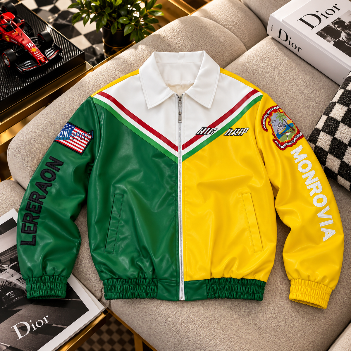 Streetwear Zip-Up Racing Jacket with Sleeve Patches & Back Graphic
