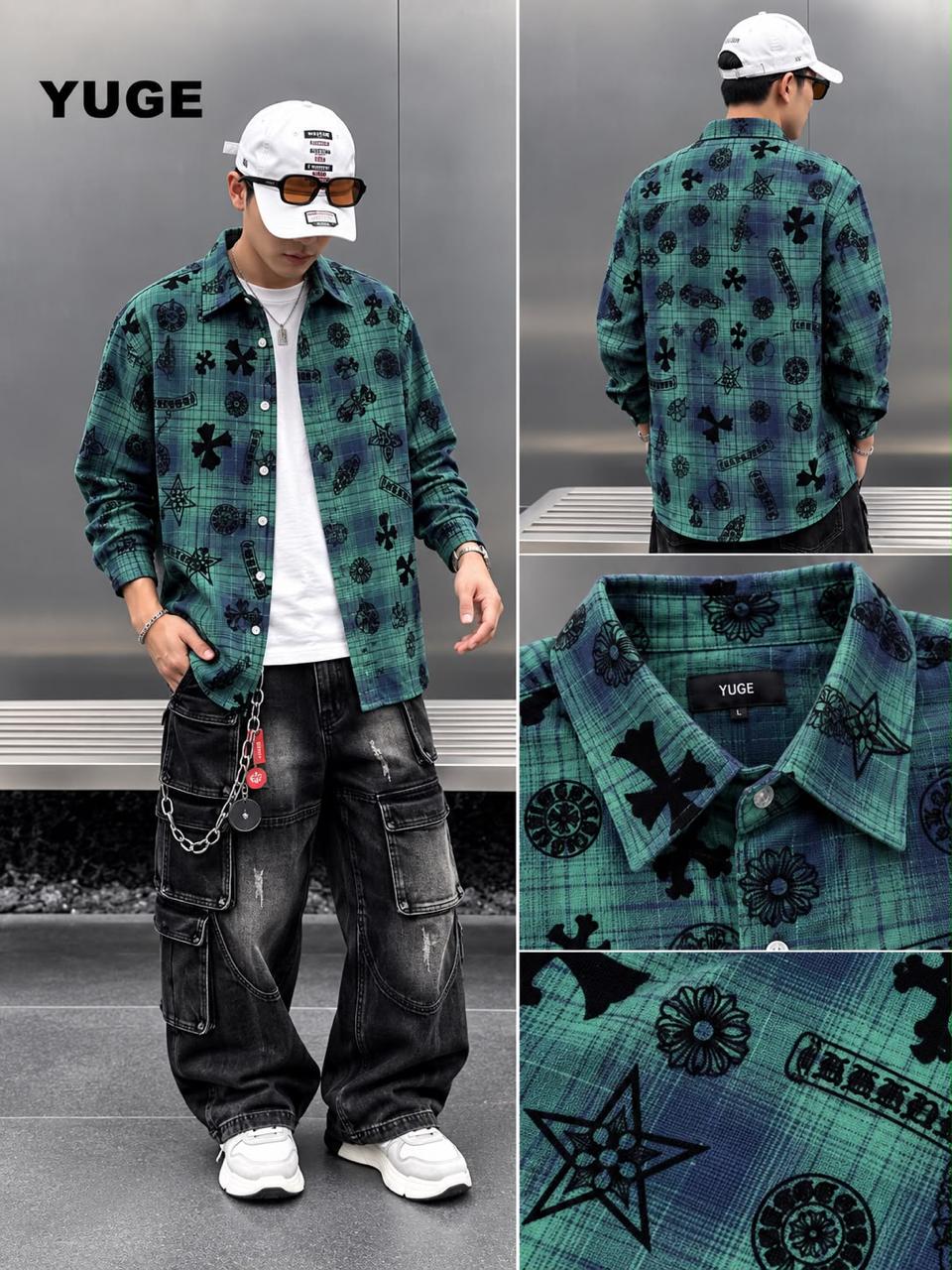 Cross Printed Plaid Oversized Flannel Shirt