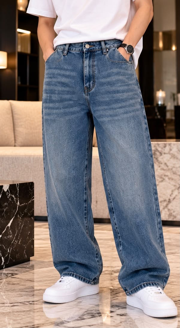 Men's Wide-Leg Loose Fit Denim Jeans Collection – Vintage Wash Streetwear Pants