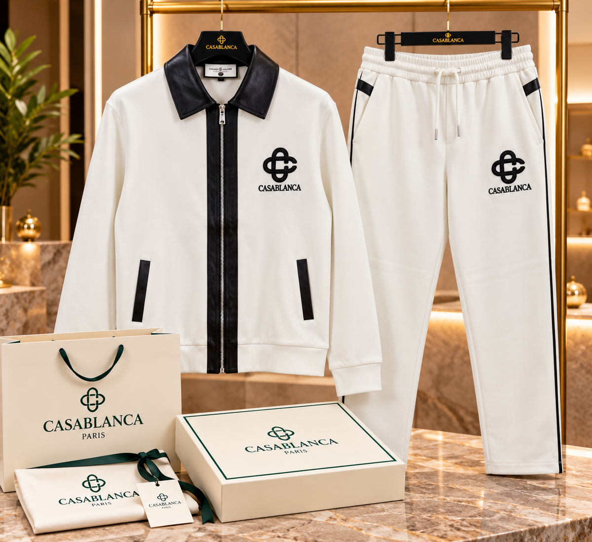 Men’s Luxury Leather-Trim Zip-Up Tracksuit Set – Full-Zip Jacket with Leather Collar & Matching Trousers