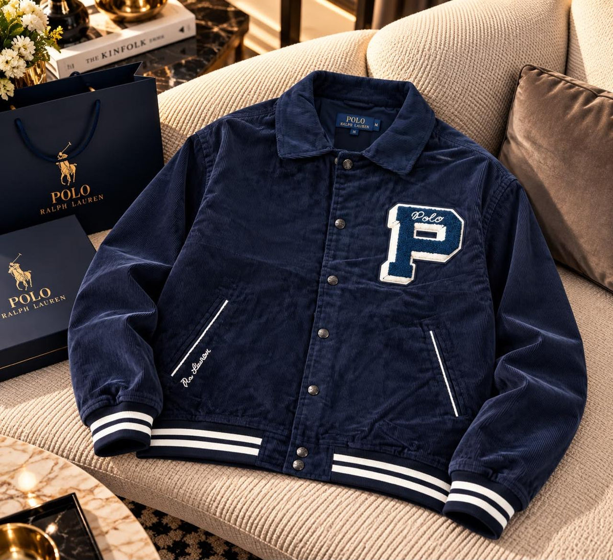 Navy Corduroy Varsity Letterman Jacket with Chenille Patch & Back Typography