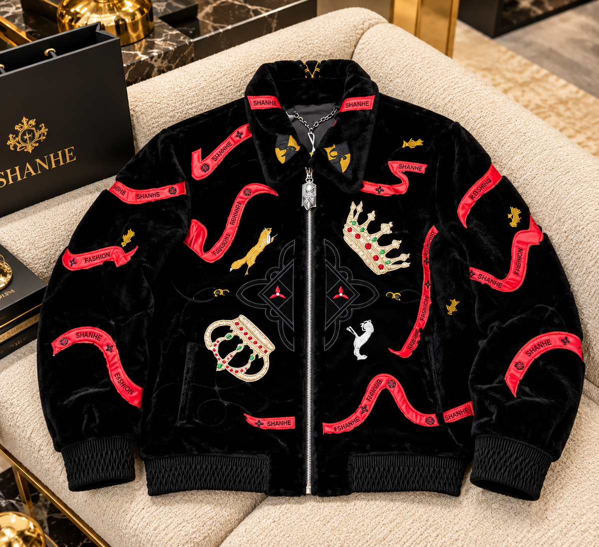 "Royal Crest" Black Velvet Bomber Jacket with Red Ribbon and Crown Embellishments