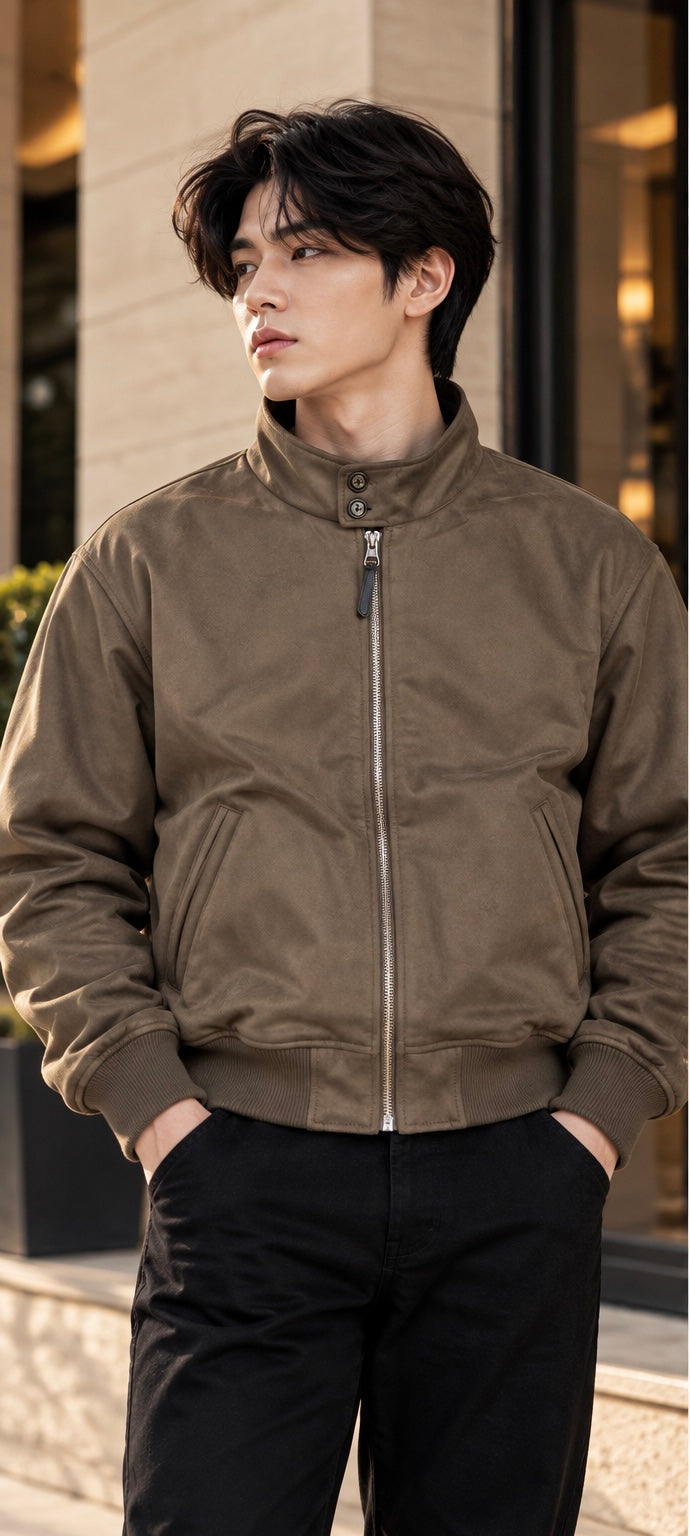 Men's High-Neck Suede Harrington Bomber Jacket