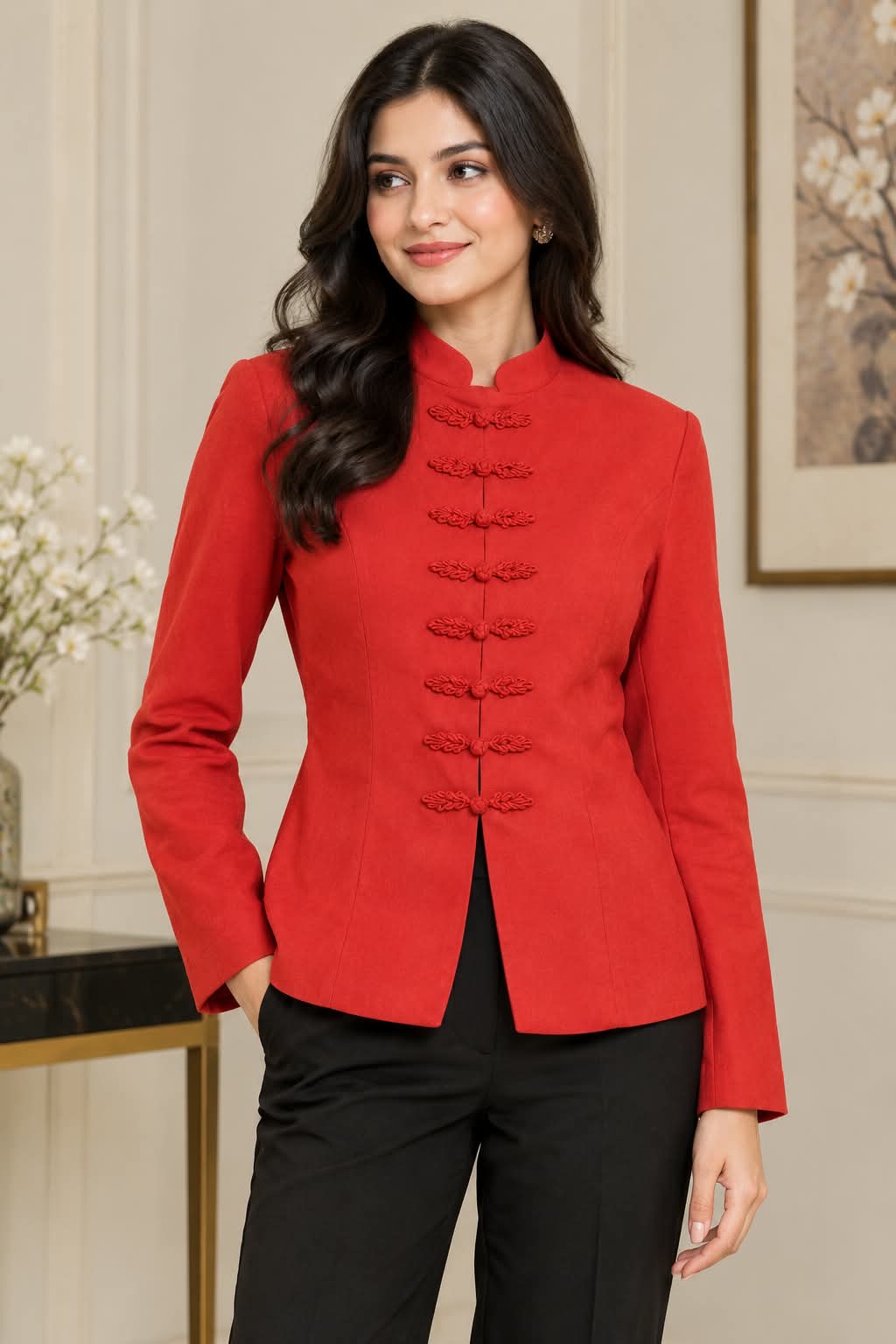 Women's Mandarin Collar Tailored Blazer with Braided Frog Fasteners