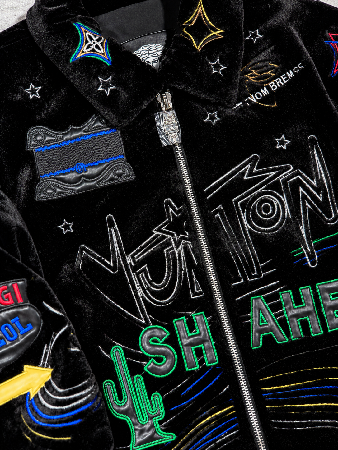"Neon Oasis" Black Velvet Graphic Embroidered Full-Zip Bomber Jac