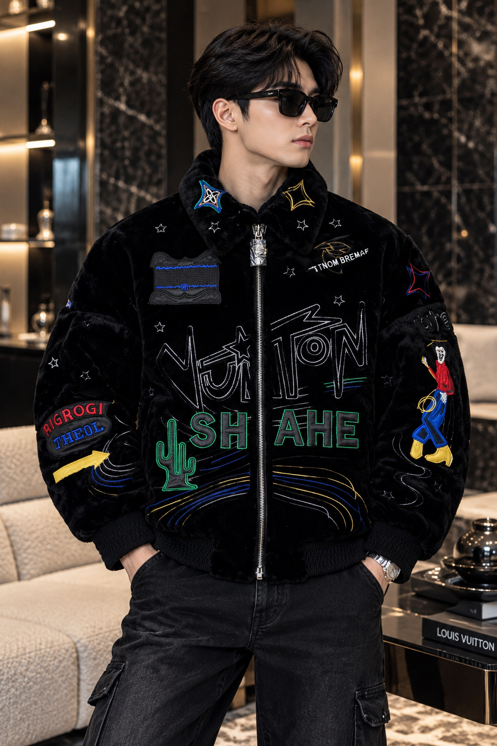 "Neon Oasis" Black Velvet Graphic Embroidered Full-Zip Bomber Jac