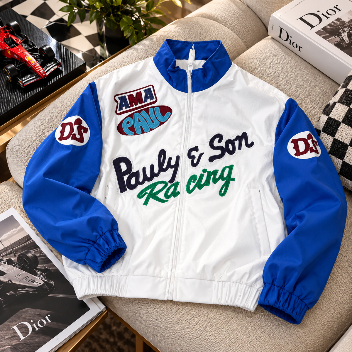 Retro Two-Tone Racing Windbreaker Jacket with Multi-Patch Graphics