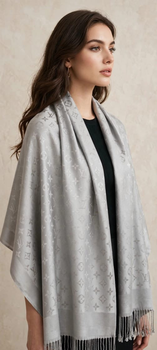 Women's Luxury Jacquard Monogram Shawl with Delicate Fringe