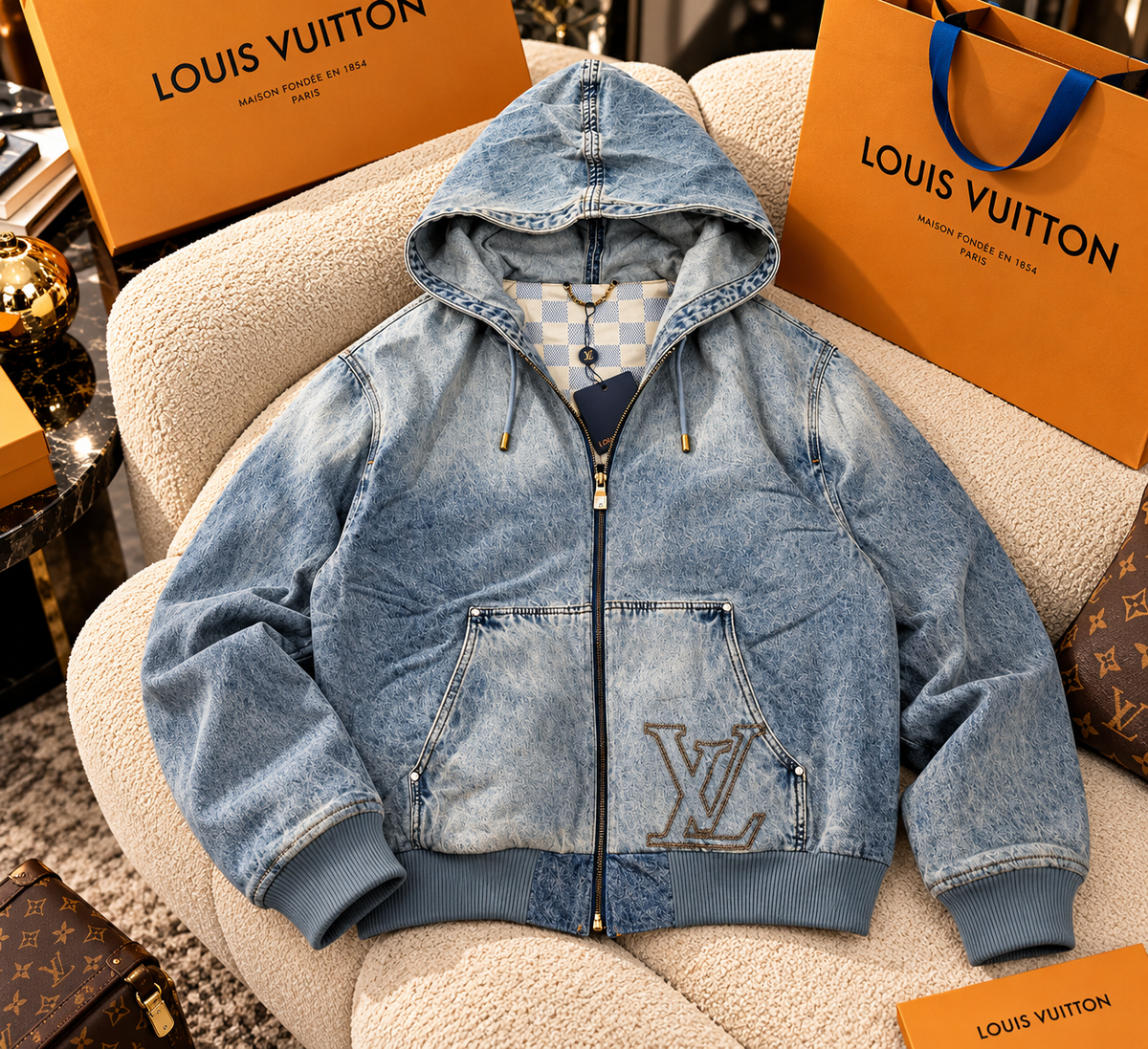 Premium OG Light-Wash Hooded Denim Jacket with Checked Interior Lining