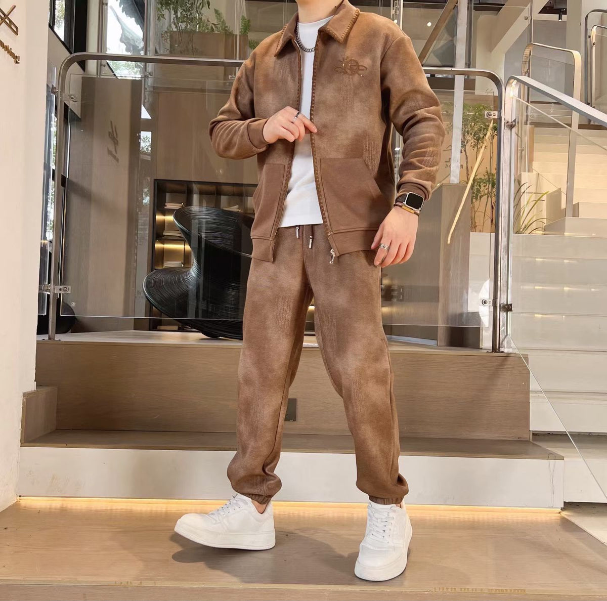Men's Vintage Washed Zip-Up Jacket & Track Pants Two-Piece Set – Chestnut Brown