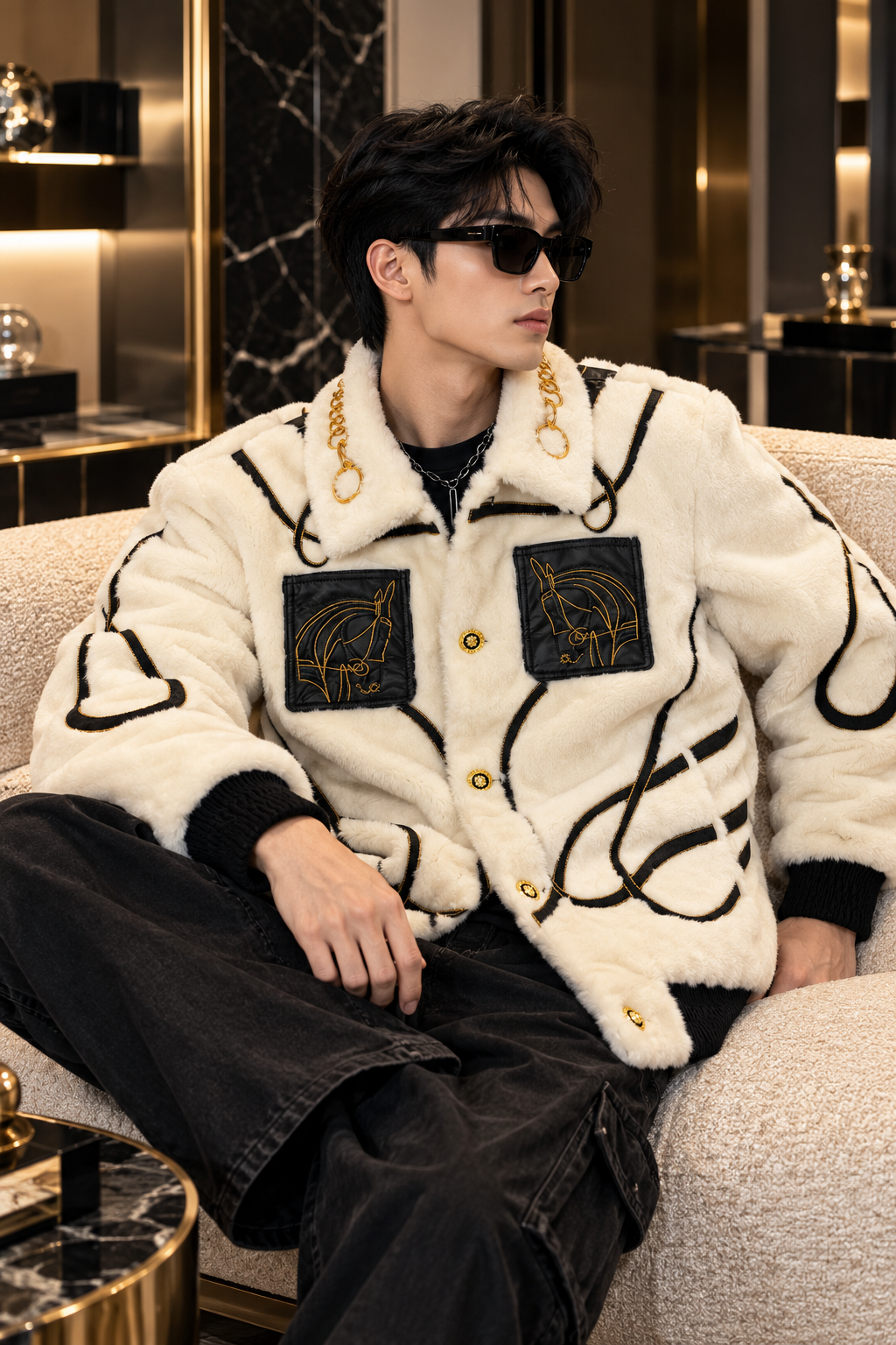 "The Sovereign Heir" – Black Velvet Gold-Chain Trimmed Equestrian Bomber Jacket