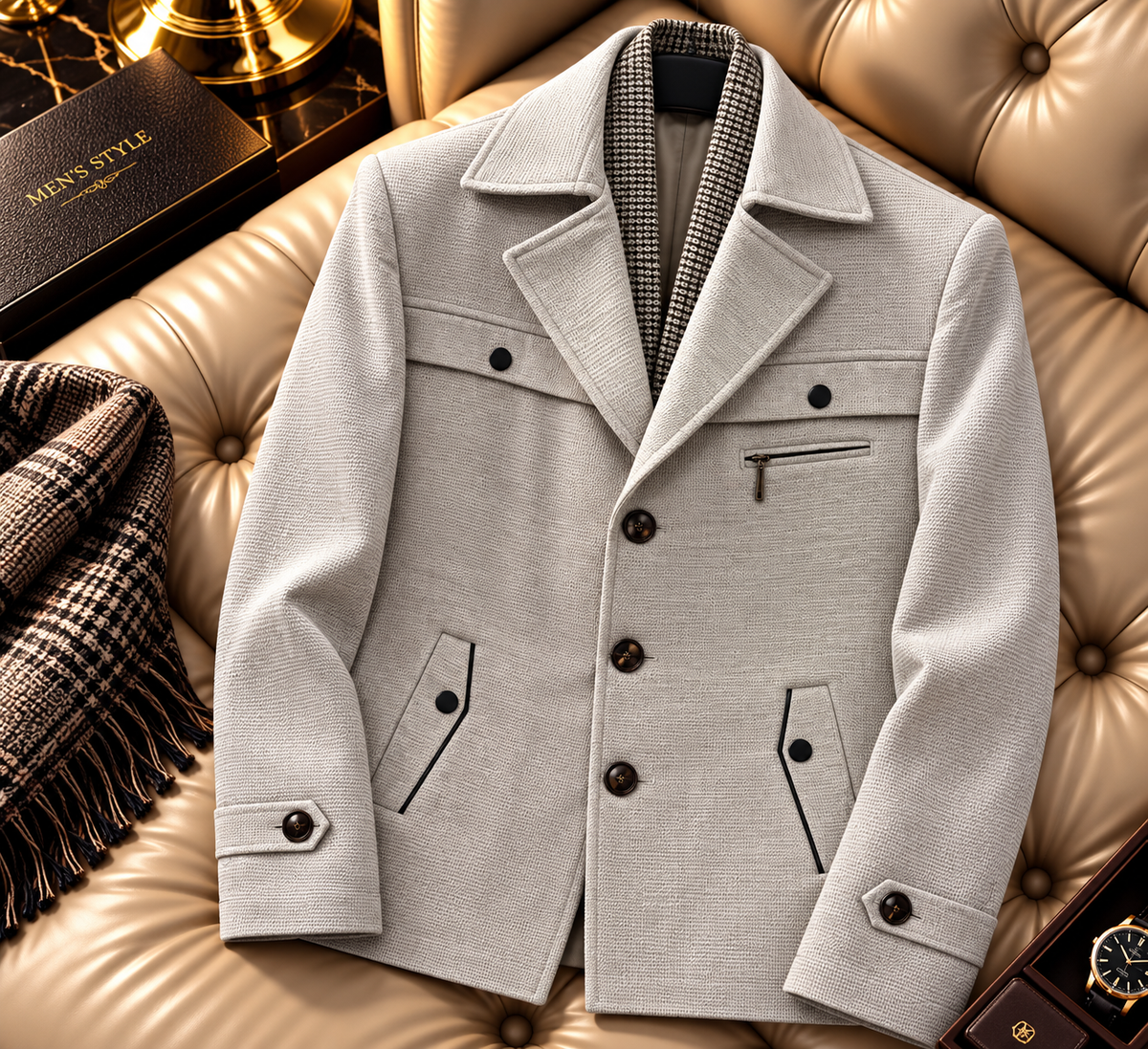 Textured Wool-Blend Peacoat Jacket with Removable Patterned Collar
