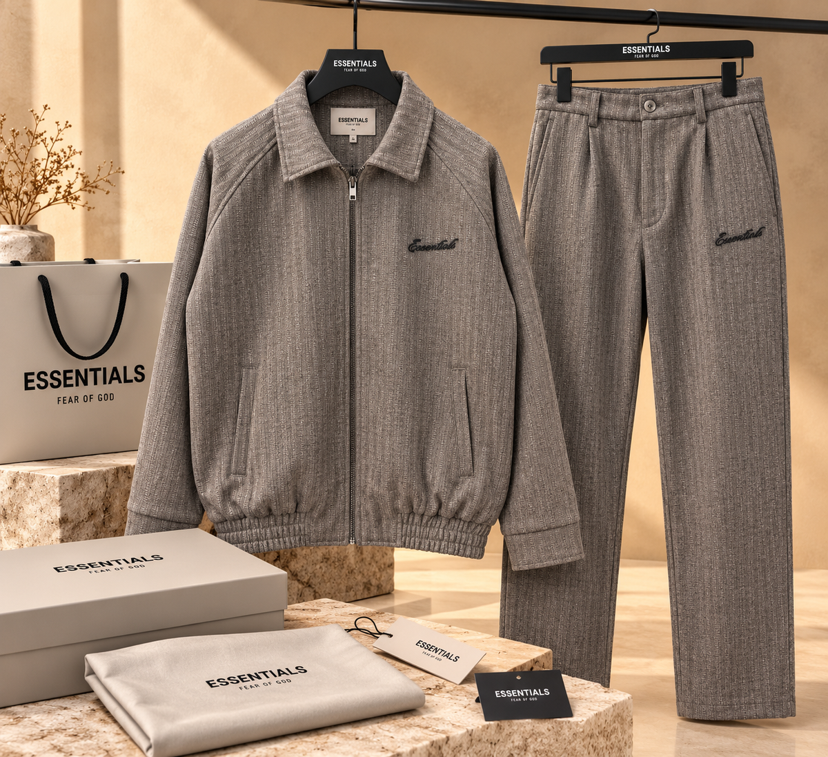 Men’s Textured Zip-Up Jacket & Pleated Trousers Two-Piece Set