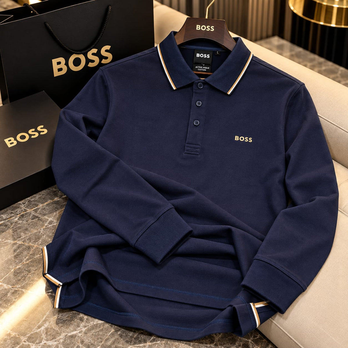 Men’s Premium Long-Sleeve Cotton Piqué Polo T-Shirt with Tipped Collar