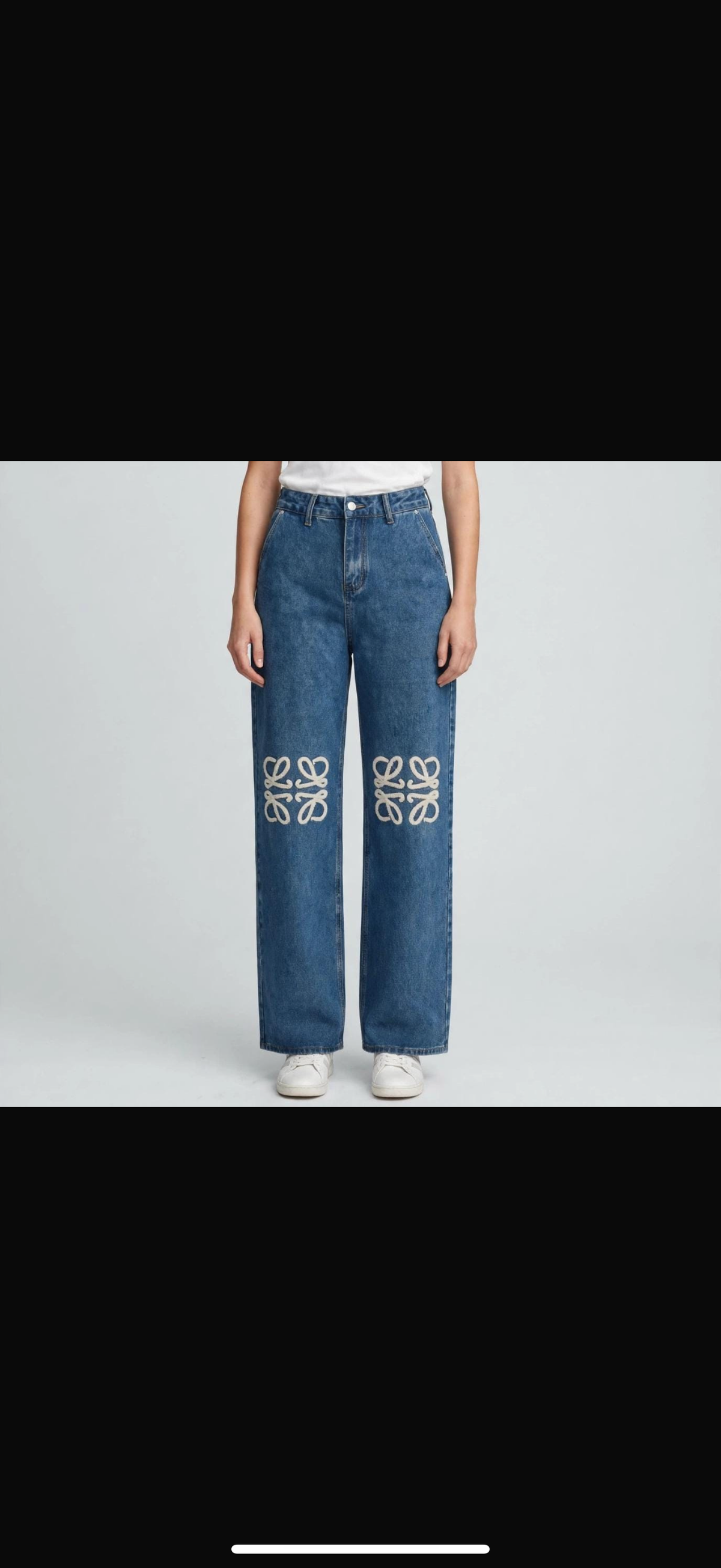 Women's High-Rise Straight-Leg Denim Jeans with Knee Embroidered Accents
