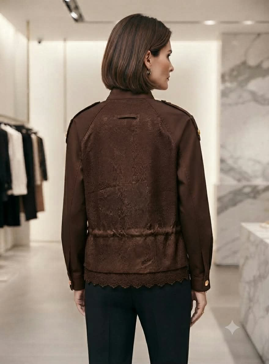 Women's Utility High-Neck Jacket with Lace Hem & Adjustable Drawstring Waist