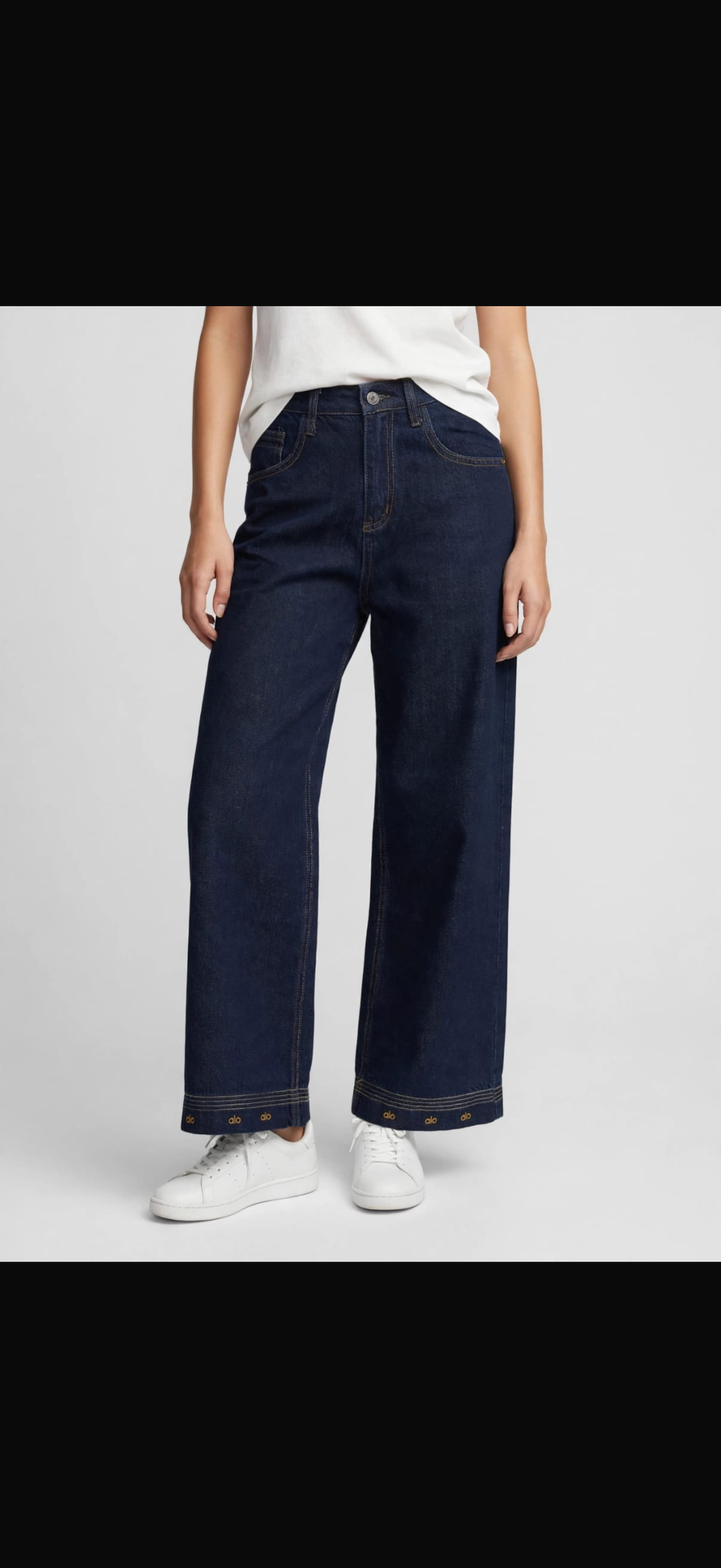 Women's High-Rise Wide-Leg Denim Jeans with Fold-Over Embroidered Hem