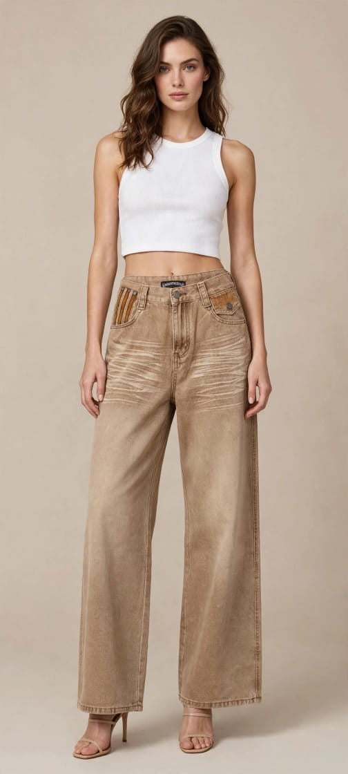 Vintage Washed Wide-Leg Statement Jeans
