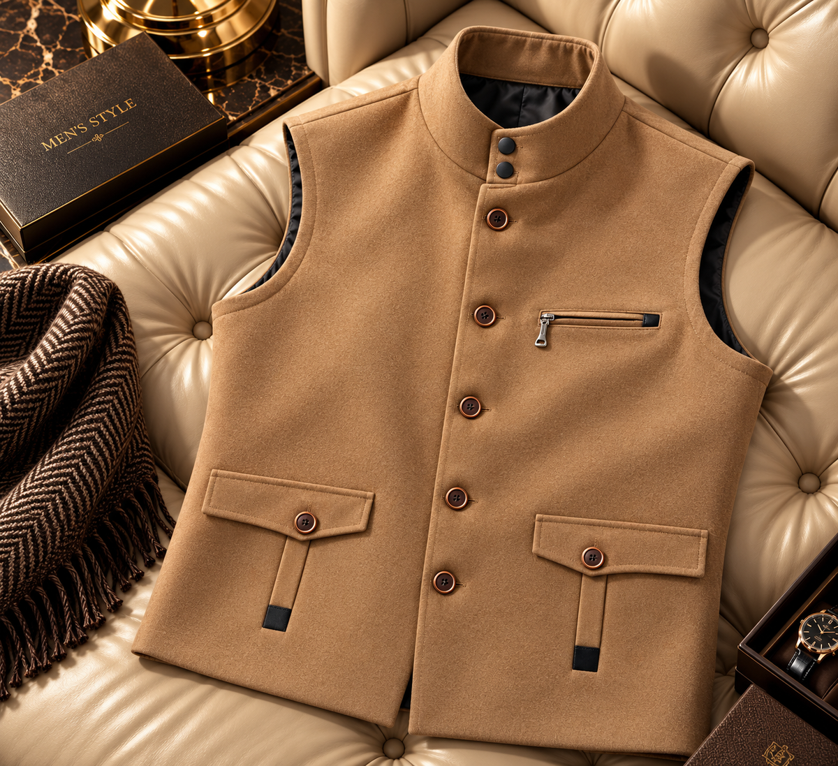 Men's Mandarin Collar Wool-Blend Formal Waistcoat with Multi-Pocket Detail