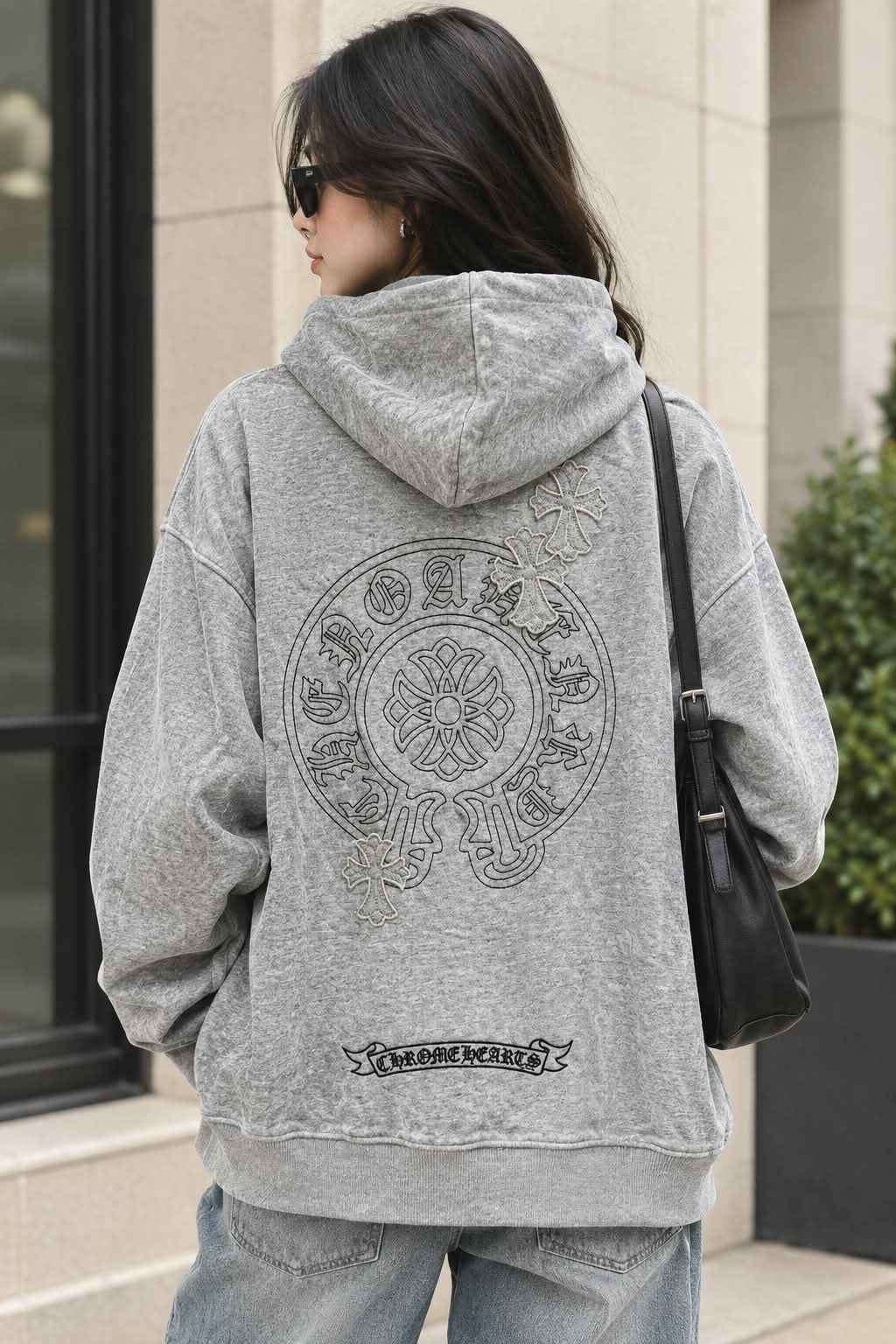 Distressed Cross-Patch Oversized Full-Zip Hoodie