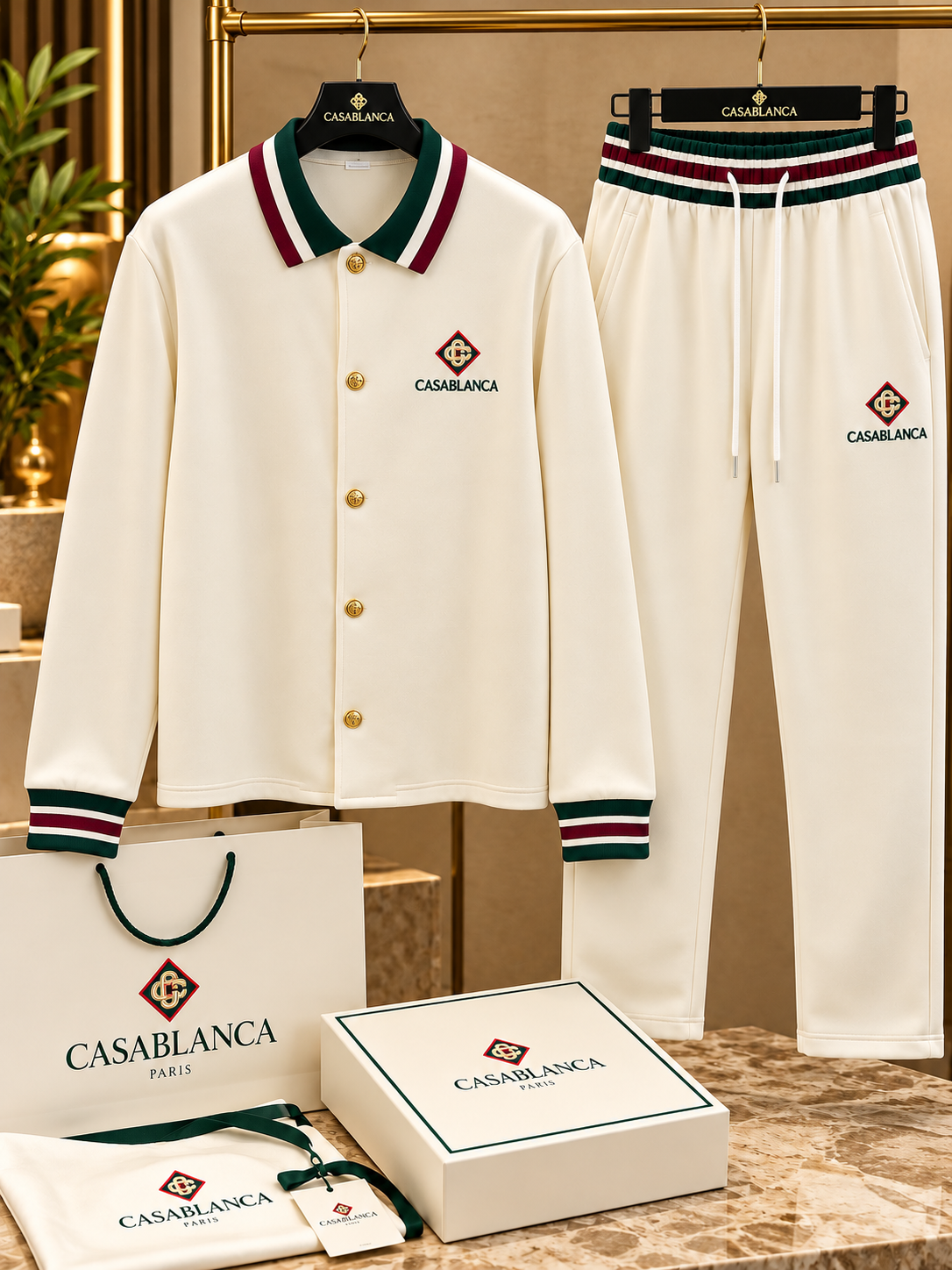 Men’s Luxury Sportswear Tracksuit Set – Striped Collar & Cuff Button-Down Jacket with Matching Trousers