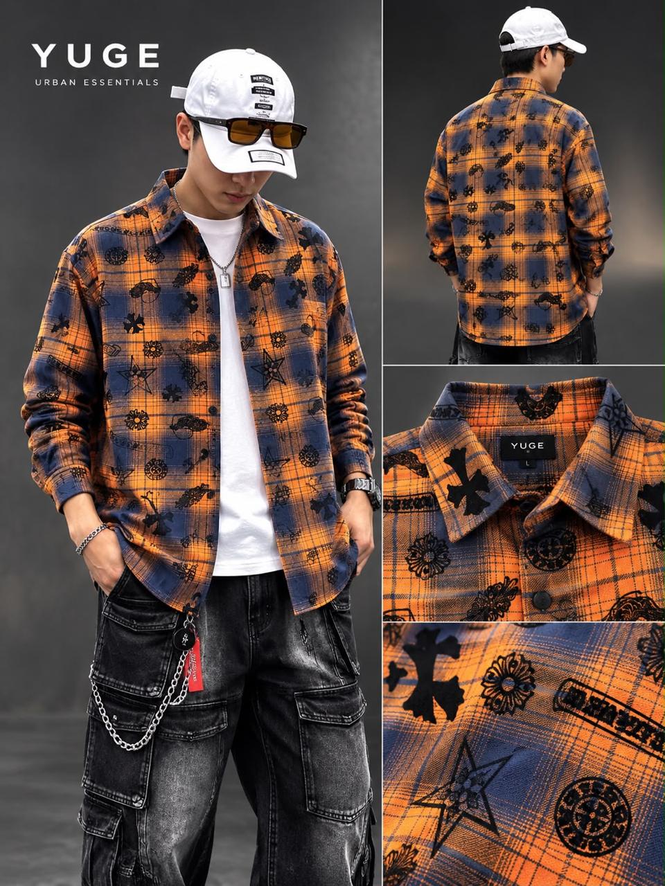 Cross Printed Plaid Oversized Flannel Shirt