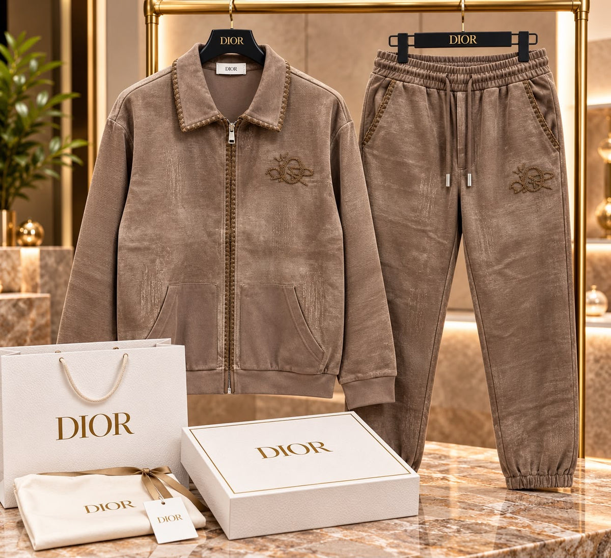 Men's Vintage Washed Zip-Up Jacket & Track Pants Two-Piece Set – Chestnut Brown
