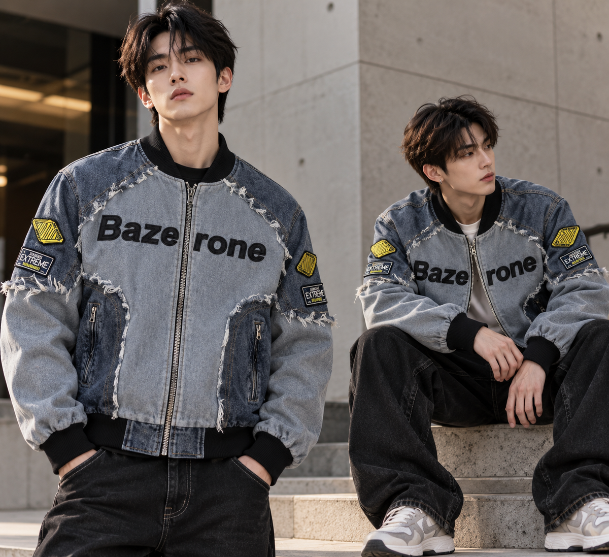 Men's Distressed Patchwork Graphic Denim Bomber Jacke