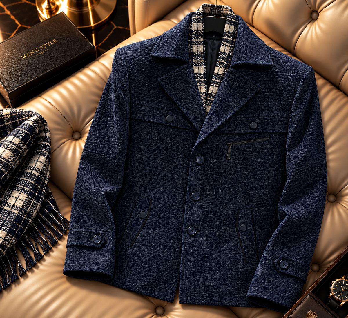Textured Wool-Blend Peacoat Jacket with Removable Patterned Collar