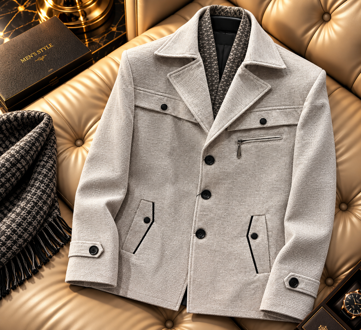Textured Wool-Blend Peacoat Jacket with Removable Patterned Collar