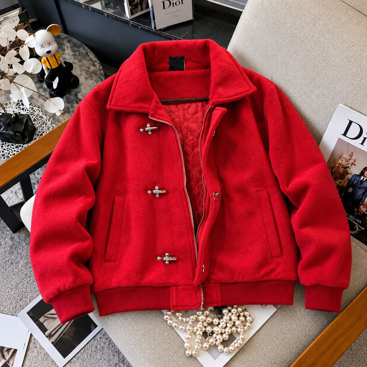 Textured Wool-Blend Bomber Jacket with Metallic Clasp Closures