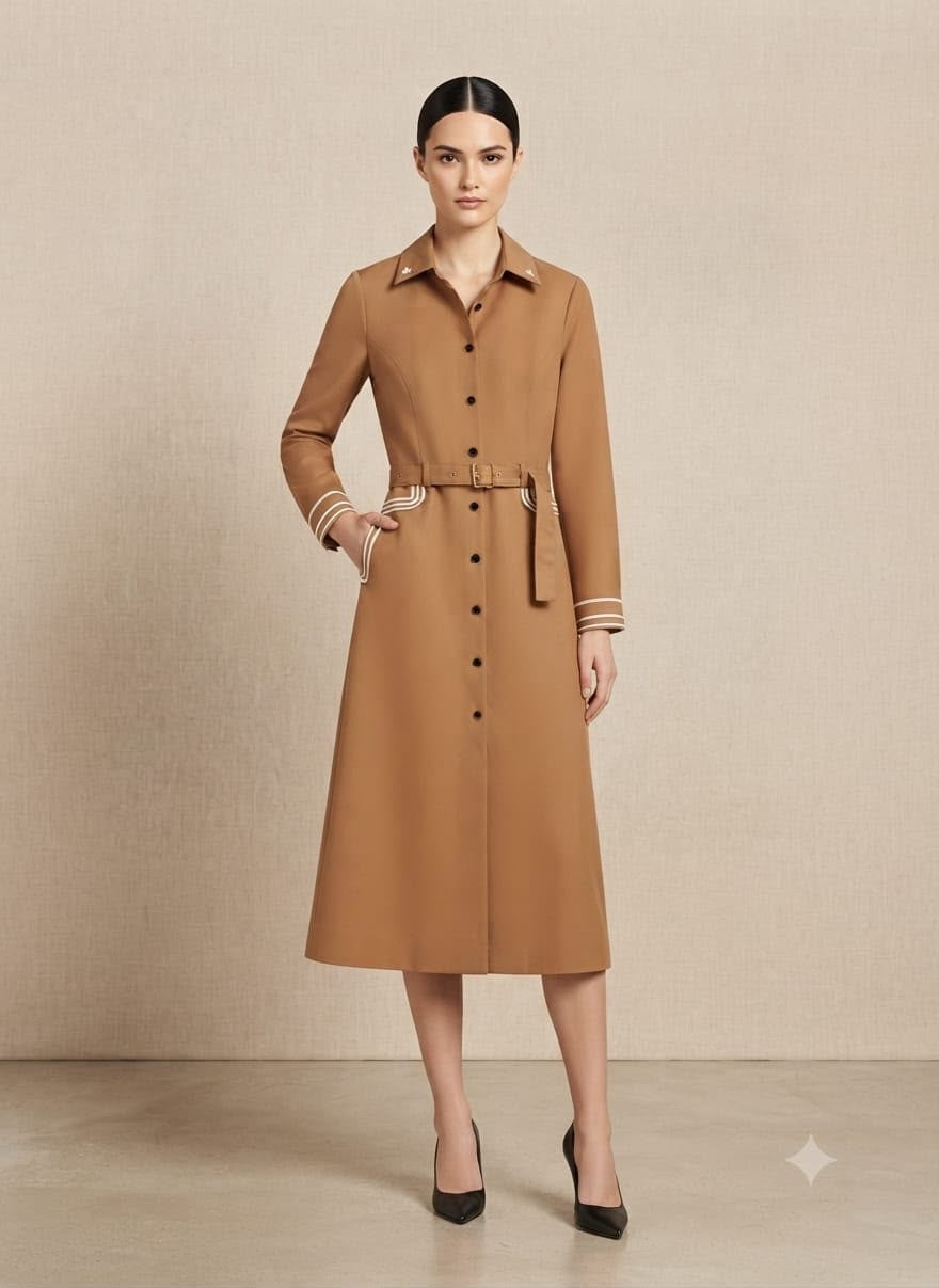Embroidered Collar Belted A-Line Midi Shirt Dress