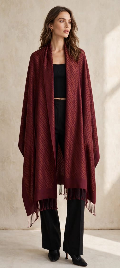 Women's Jacquard Monogram Fringed Cape Shawl