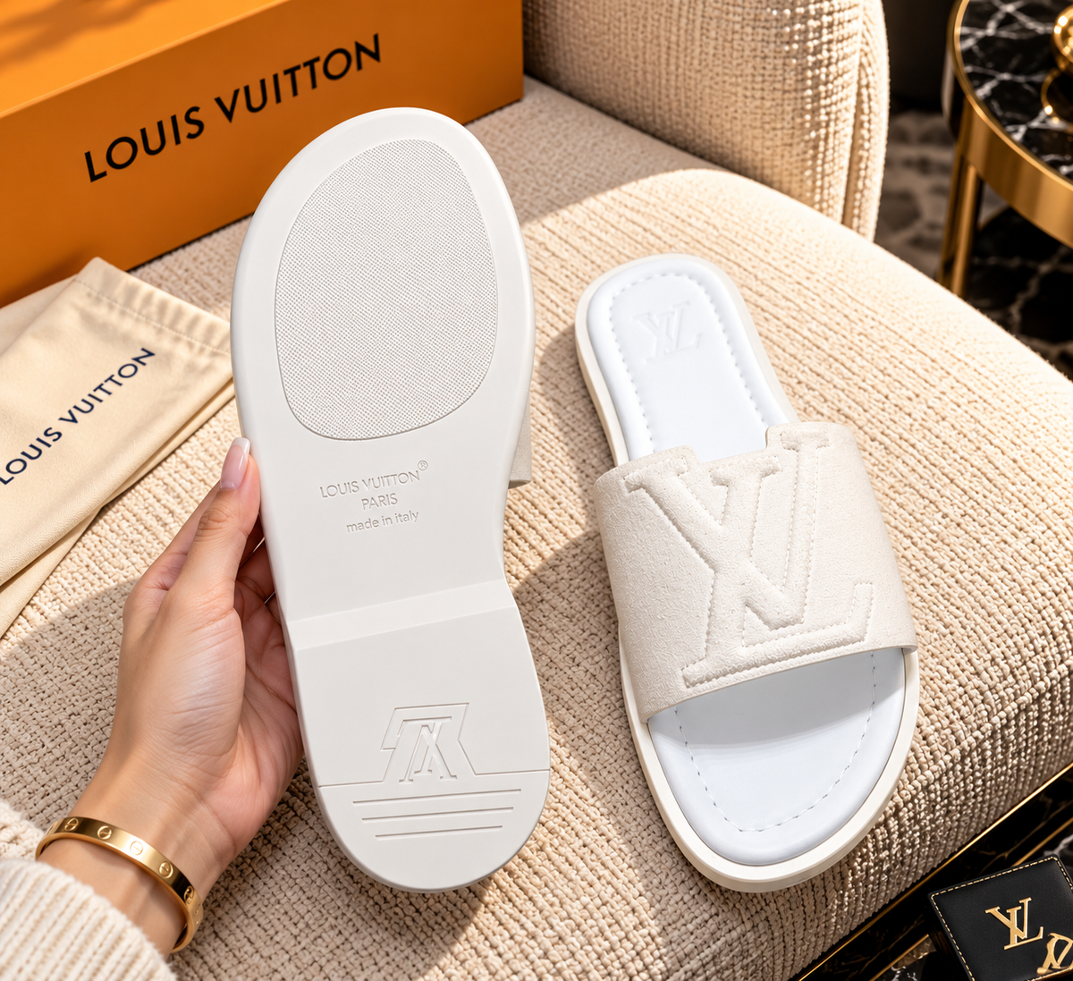 Embossed Leather Open-Toe Pool Slides / Mule Sandals