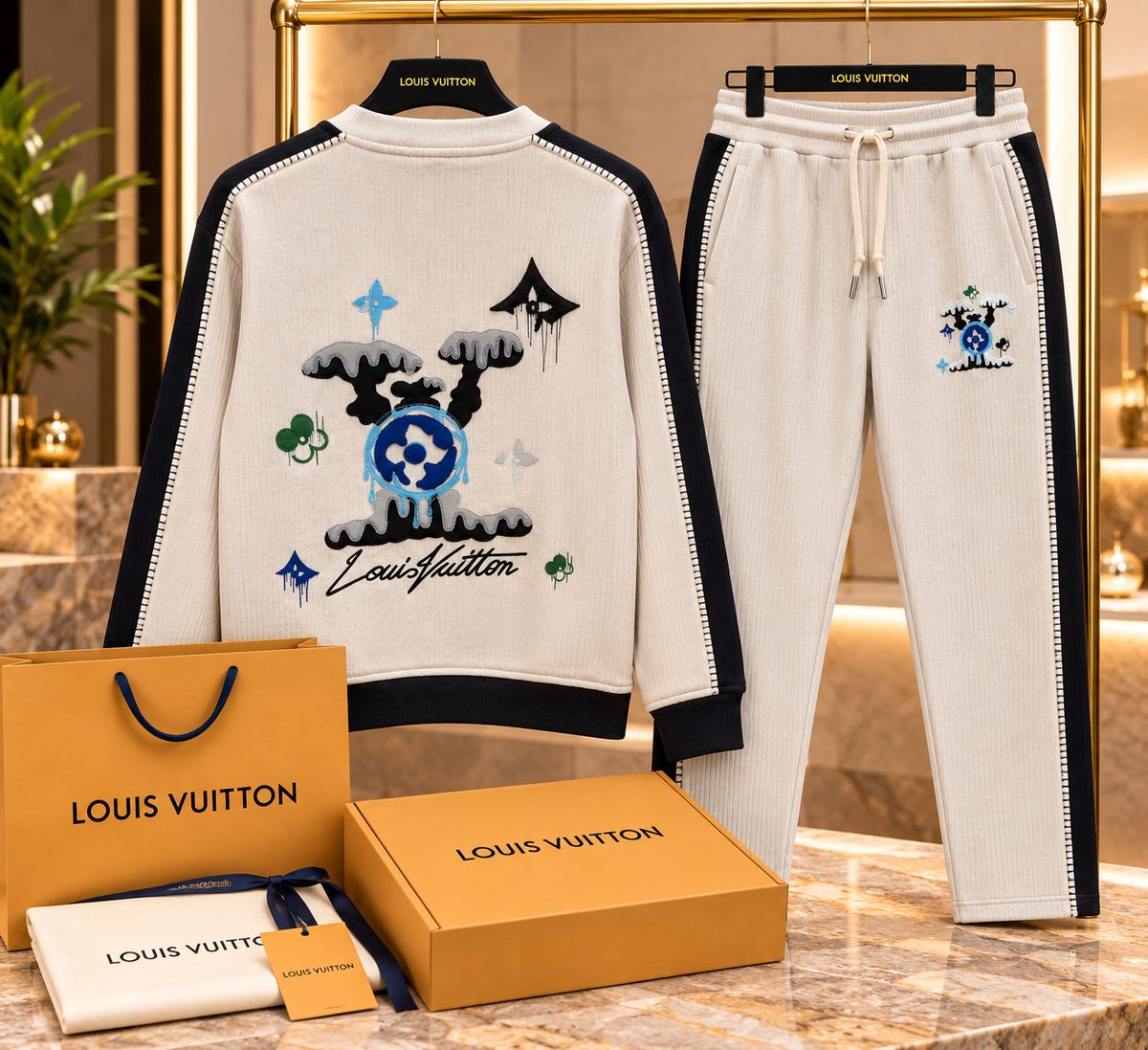 Men's Half-Zip Sweatshirt & Track Pants Two-Piece Set – Off-White & Black