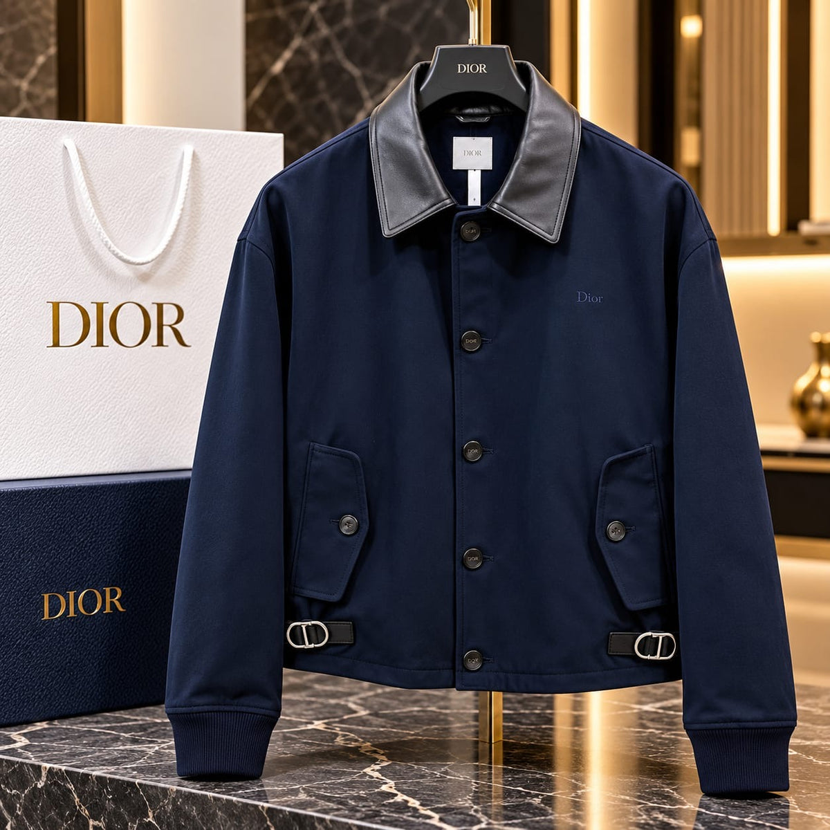 Men’s Midnight Navy Leather-Collar Harrington Bomber Jacket