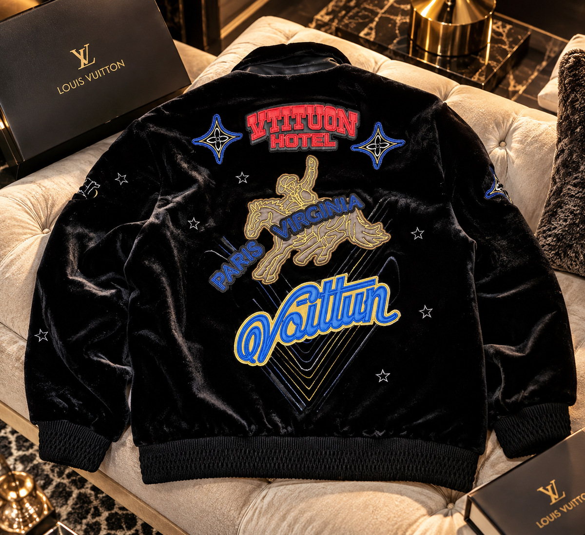 "Neon Oasis" Black Velvet Graphic Embroidered Full-Zip Bomber Jac