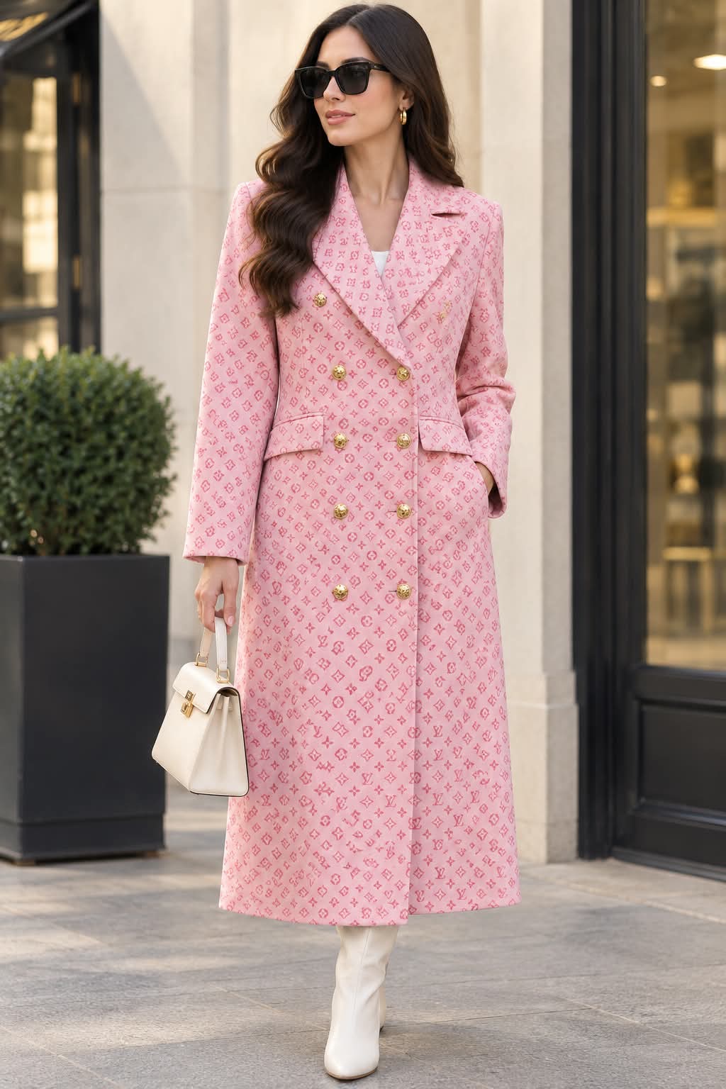 Women’s Double-Breasted Belted Trench Coat with Check-Side Panels