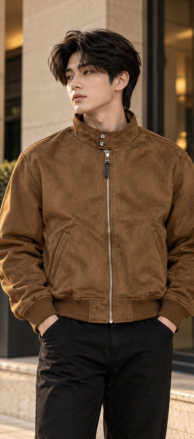 Men's High-Neck Suede Harrington Bomber Jacket