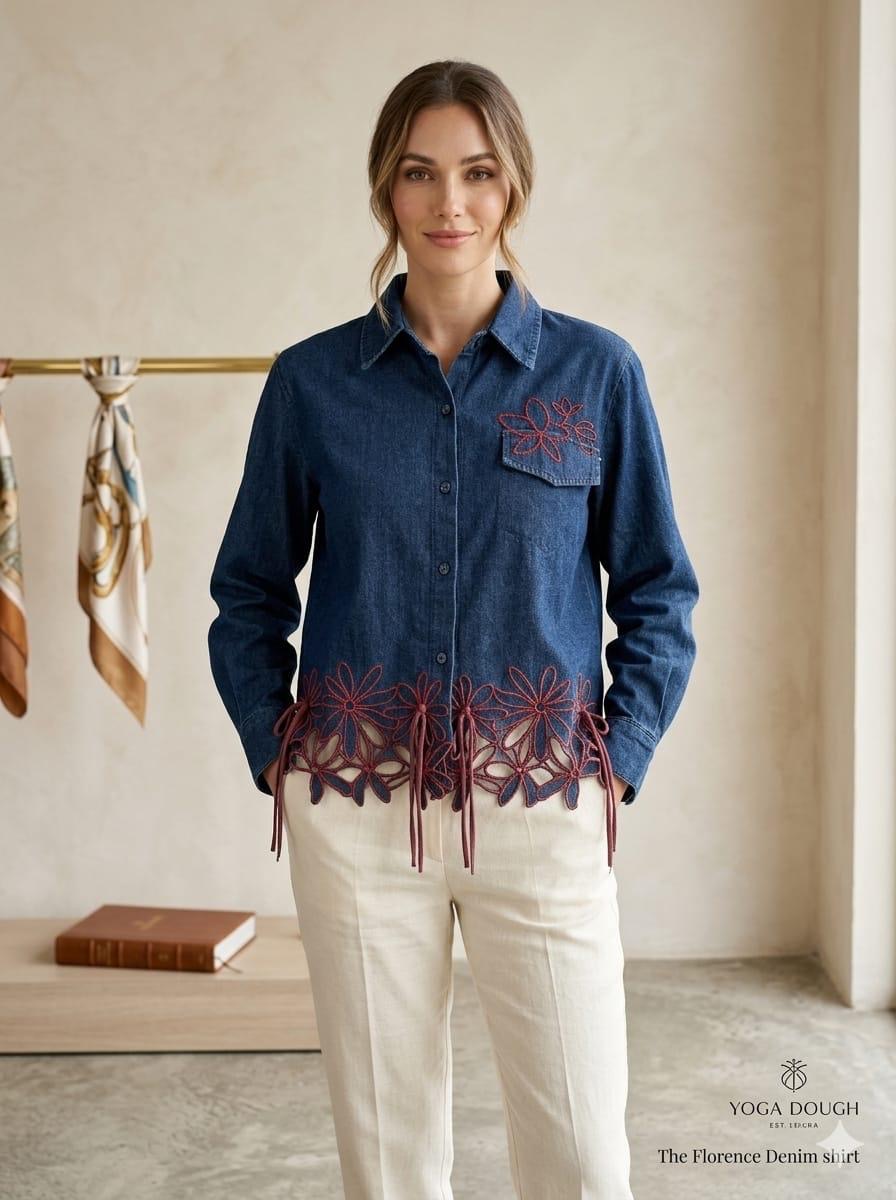 Floral Cutout Embroidered Denim Shirt