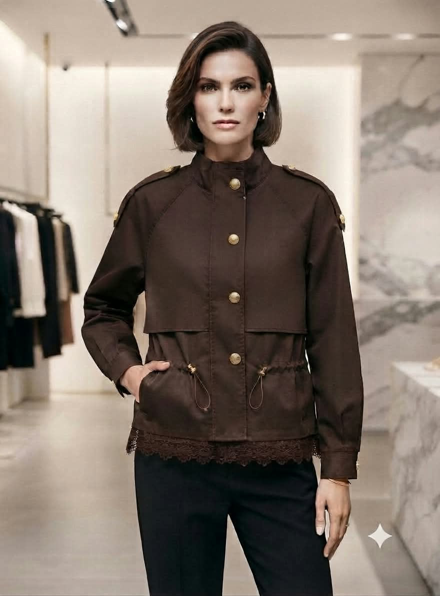 Women's Utility High-Neck Jacket with Lace Hem & Adjustable Drawstring Waist