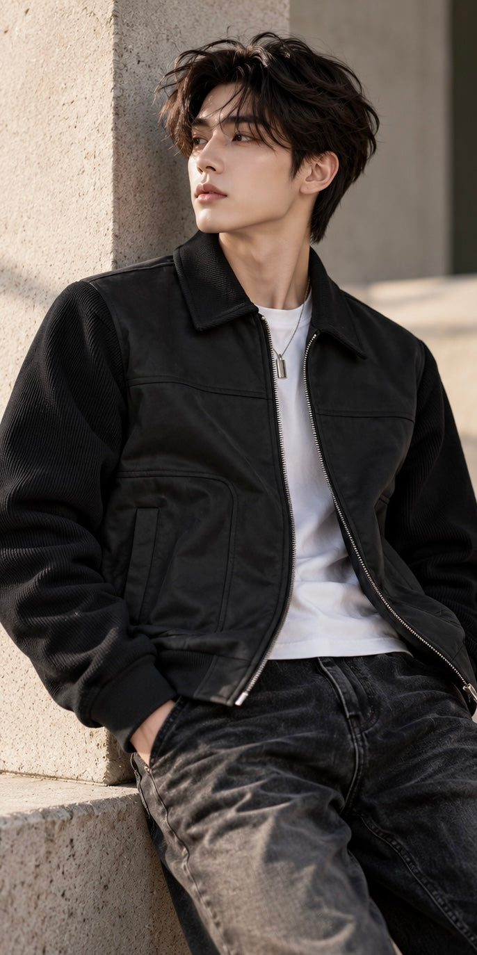 Men's Dual-Texture Suede & Corduroy Utility Bomber Jacket