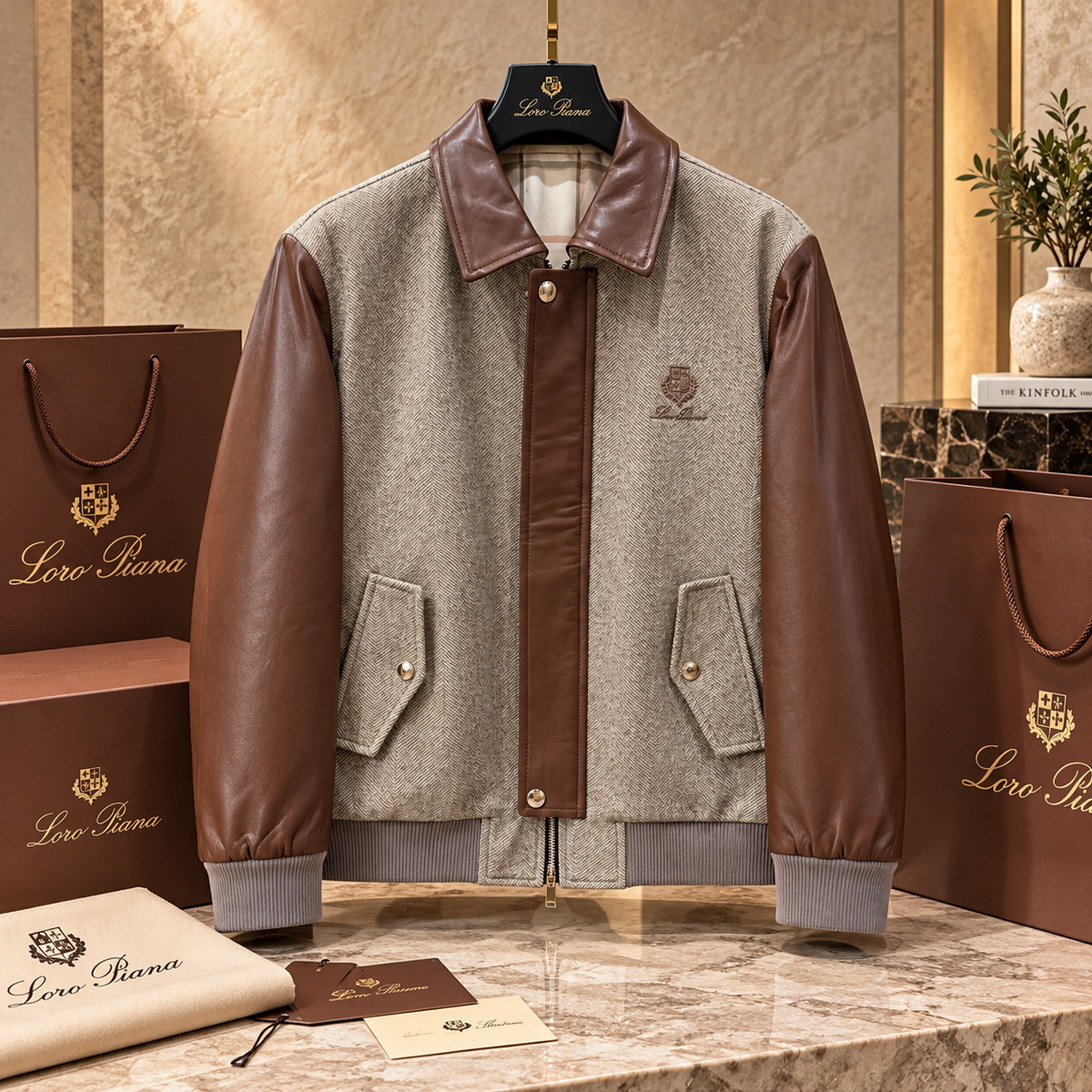 Herringbone Wool & Genuine Leather Bomber Jacket – Premium Contrast Sleeve Vintage Flight Jacket